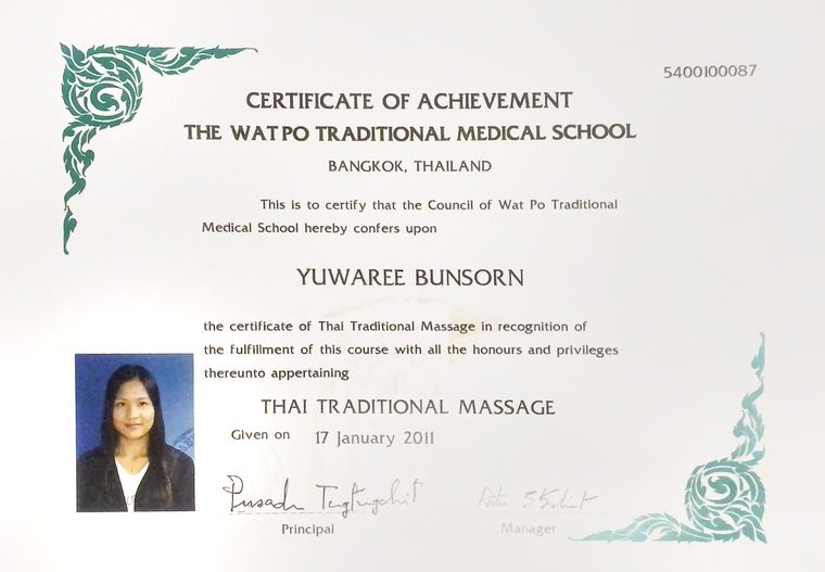 Certificate of Achievement from the Wat Po Traditional Medical School, Bangkok, awarding Yuwaree Bunsorn the certificate of Thai Traditional Massage on 17 January 2011